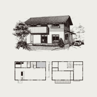 イラスト：住宅、図面