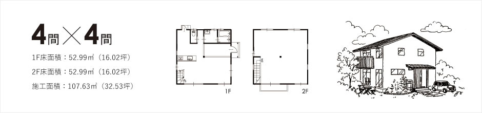 イラスト：住宅、4間x4間 1F床面積：52.99㎡（16.02坪）2F床面積：52.99㎡（16.02坪）施工面積：107.63㎡（32.53坪）